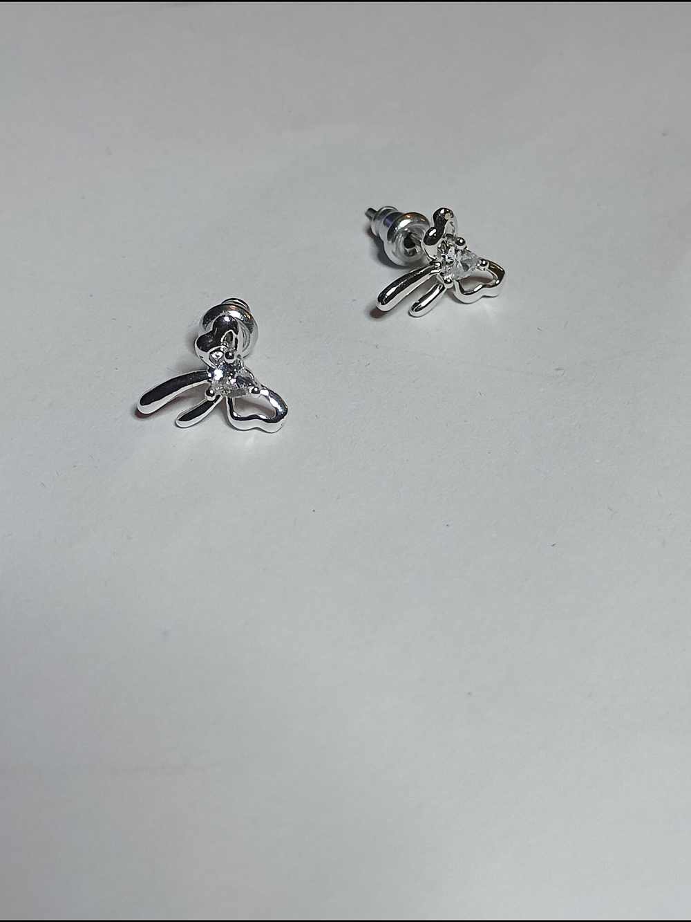 Delicate Silver Bow Stud Earrings with Crystal Accent